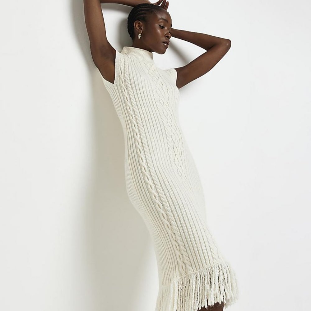 River Island Cream Cable Knit Midi Bodycon Dress, XS